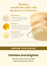 Medicube Kojic Acid Turmeric Pads 70 Pads — Exfoliate and brighten. Glycolic acid, niacinamide, kojic acid and turmeric.