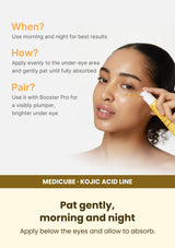Medicube Kojic Acid Turmeric Eye Serum 30ml — Pat gently, morning and night. Apply below the eyes and allow to absorb.