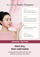 Medicube PDRN Pink Niacinamide Whip Cleanser — Apply to dry skin first. Massage the whip onto dry skin before turning it into foam.