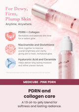 Medicube PDRN Pink Collagen Glow Jelly Mist Serum — A moisture-rich dual layer. A 1:9 oil-to-jelly blend for softness and lasting radiance.