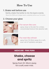Medicube PDRN Pink Collagen Glow Jelly Mist Serum — Your daily spritz routine. Spray from 10–20cm away for a soft, even mist.