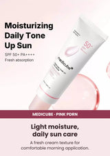 Medicube PDRN Pink Tone Up Sun Cream SPF50+ PA++++ — Moisturising cream, fresh finish. A fresh cream texture for comfortable morning application.