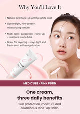 Medicube PDRN Pink Tone Up Sun Cream SPF50+ PA++++ — Protection with a polished look. Sun protection, moisture and a luminous tone-up finish.