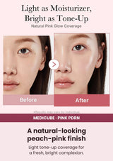 Medicube PDRN Pink Tone Up Sun Cream SPF50+ PA++++ — See the tone-up finish. Light tone-up coverage for a fresh, bright complexion.