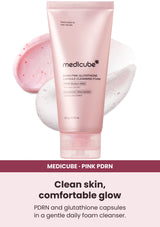 Medicube PDRN Pink Glutathione Capsule Cleansing Foam — Daily cleansing with glow care. PDRN and glutathione capsules in a gentle daily foam cleanser.