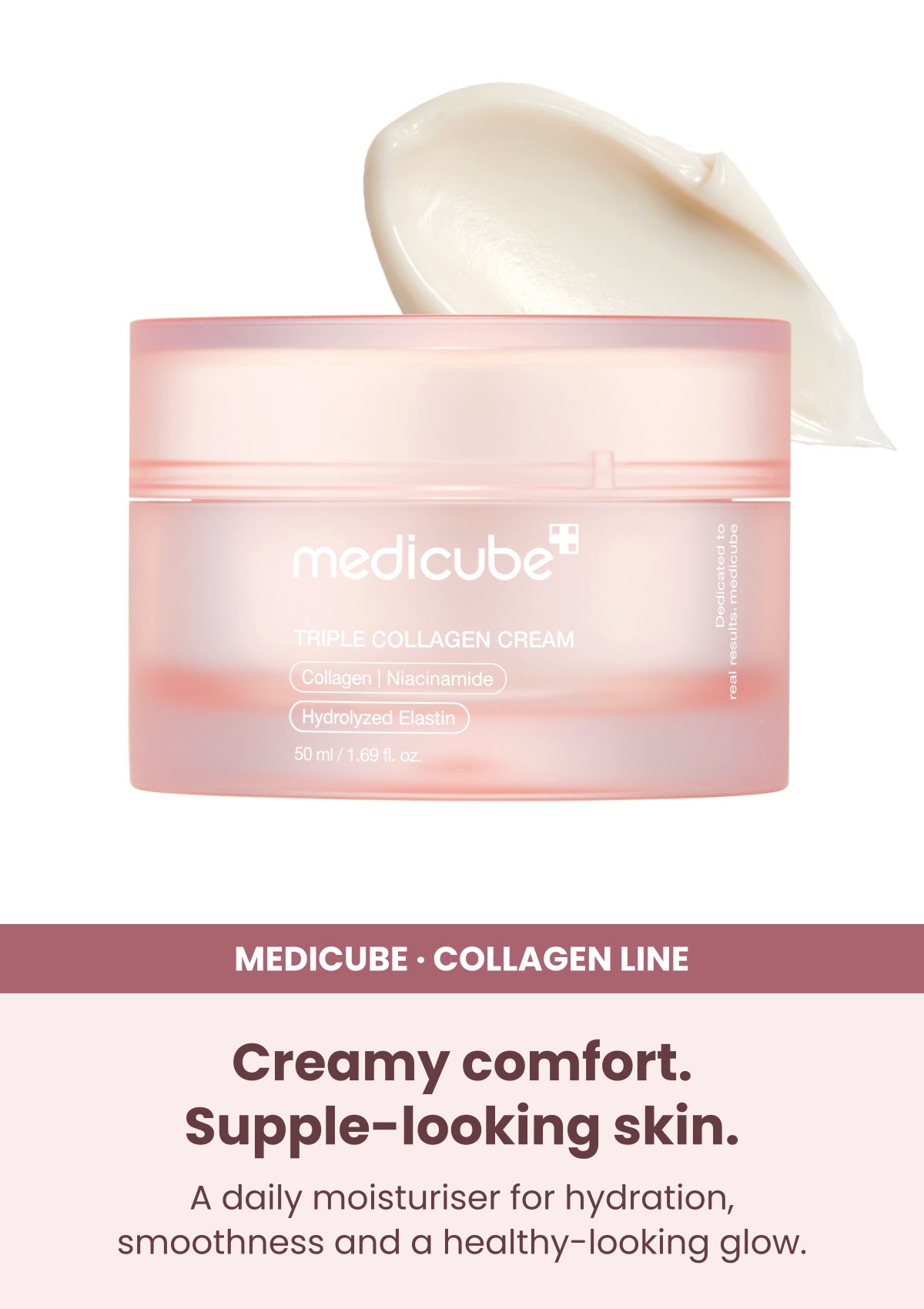 Medicube triple collagen cream 4 0 50ml โ Creamy comfort. Supple-looking skin. A daily moisturiser for hydration, smoothness and a healthy-looking glow.