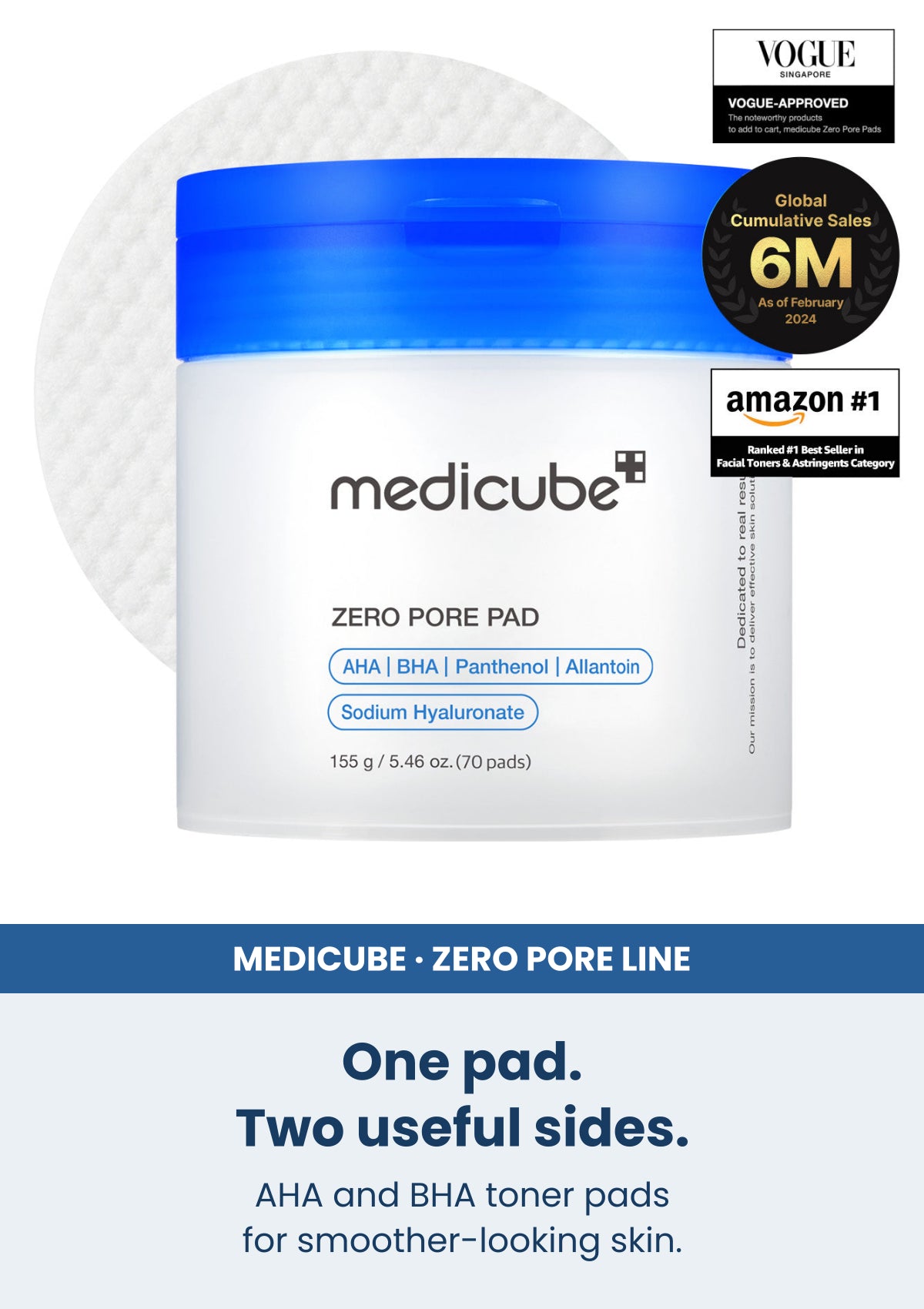 Medicube zero pore pad 2 0 1 box 70 pads — One pad. Two useful sides. AHA and BHA toner pads for smoother-looking skin.