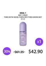 A promotional graphic for a single bottle of Tokki on the Moon Purple Rice PDRN Aurora Mist (85ml). The image features a light purple bottle centered on a white background, with text indicating a 'DEAL 1 BUY 1 PIECE' offer, a 30% price reduction, and a final price of $42.