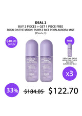 Promotional graphic for Tokki on the Moon Purple Rice PDRN Aurora Mist, showing two lavender bottles and a smaller free bottle, with pricing and discount text on a white background.