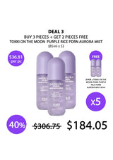 Promotional graphic for Tokki on the Moon Purple Rice PDRN Aurora Mist, showing three lavender bottles with sale text, a 'FREE' smaller bottle image, and pricing details on a white background.