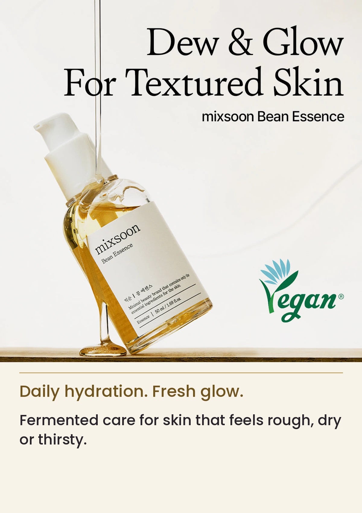 MIXSOON Bean Essence tilted bottle with vegan mark and dewy-skin message