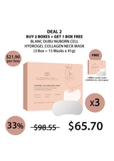 Promotional graphic for Blanc Dubé Nuborn Cell hydrogel collagen neck mask with pricing and deal information.