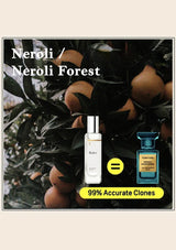 Two perfume bottles with a yellow label indicating 99% accurate clones, set against a background of oranges and leaves.