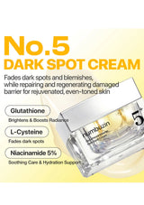 Numbuzin No.5 Dark Spot Cream packaging with product details on a yellow background
