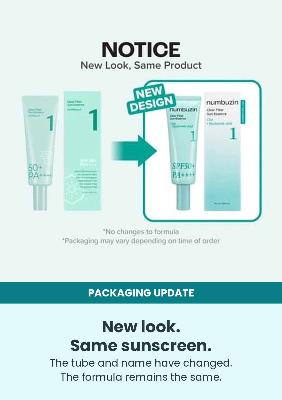 Numbuzin No.1 Clear Filter Sun Essence previous and current tube design with unchanged sunscreen formula