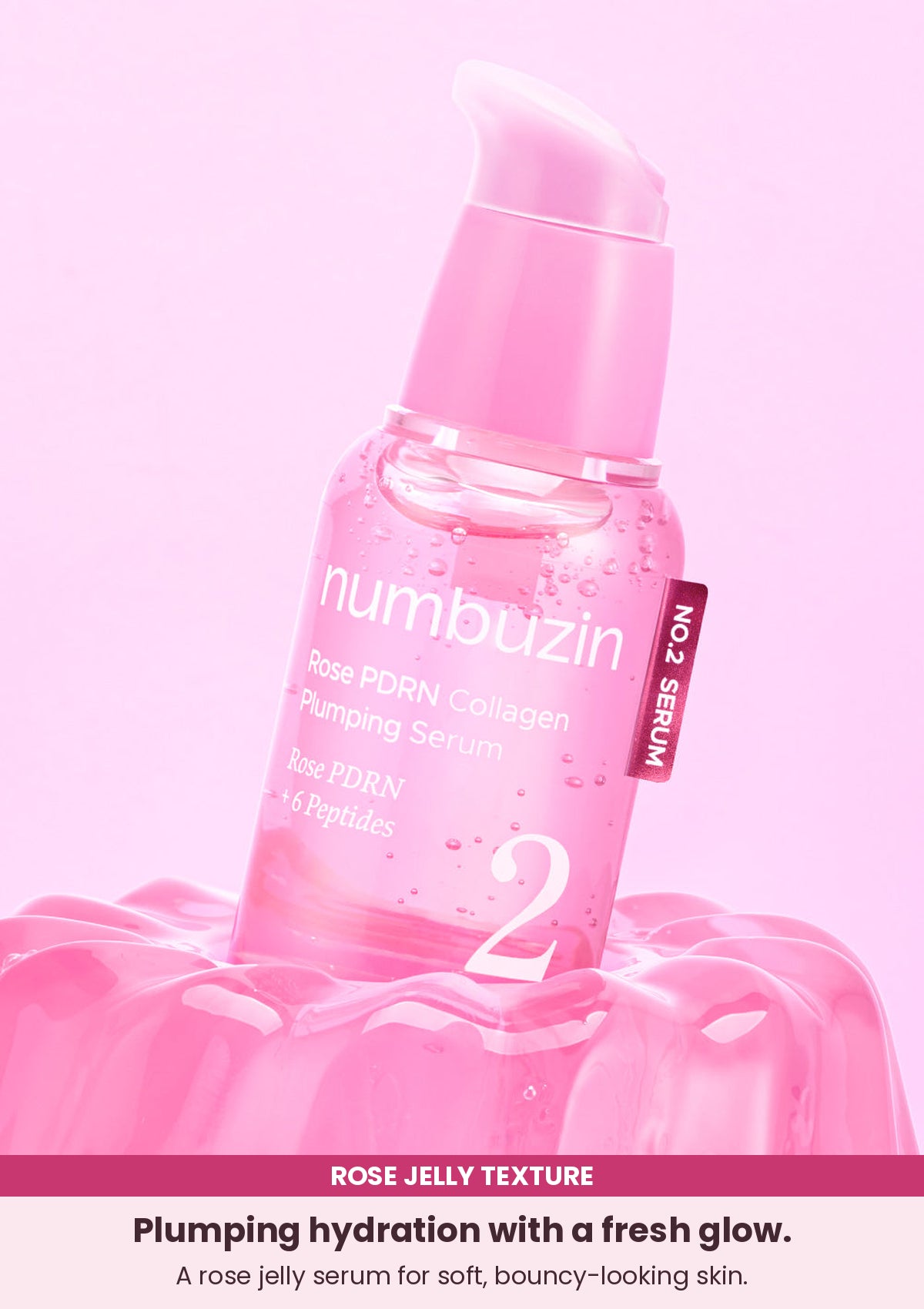 Numbuzin No.2 Rose PDRN Collagen Plumping Serum bottle and rose jelly texture