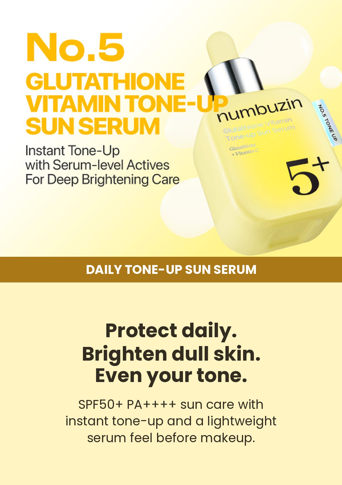 Numbuzin No.5+ Glutathione Vitamin Tone-Up Sun Serum overview and authentic yellow 30ml bottle