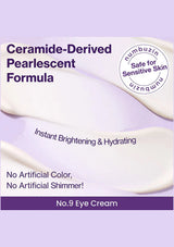 Eye cream packaging with text about ceramide-derived formula and safety for sensitive skin.