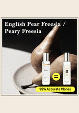 Two perfume bottles labeled 'Raef' with an English pear and text about clones on a neutral background.