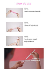 Instructional graphic titled 'HOW TO USE' showing steps for applying portable disposable gel: unpacking a pink plastic bag, pulling out a hygiene cover, and pushing a piston to apply gel to skin. Small inset photos and text are arranged on a white background.
