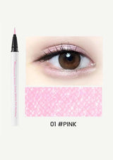Eyeliner pen with pink color swatch on a white background