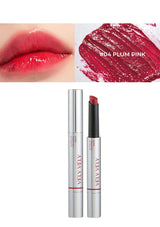 Velvety lipstick with #04 Plum Pink shade, close-up of lips wearing the color, and product packaging.
