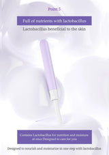 A skincare product with a lavender and white applicator shown on a white background with promotional text overlays.