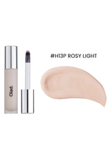 Cosmetic product with applicator and color swatch labeled '#H13P Rosy Light' on a white background.