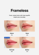 Lip color comparison with 'Frameless' label and text on a white background