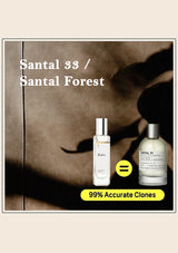 Two bottles of Santal 33 perfume with a blurred background and text indicating accuracy.