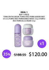 A promotional product graphic showing three skincare items from Tokki on the Moon: a purple bottle labeled PDRN Aurora Mist, a white jar labeled PDRN Bubble Mask, and a purple jar labeled PDRN Gel & Cream. Text at the top reads 'DEAL 1 BUY 1 PIECE' and lists the products and prices, with purple '35%' and 'x1' callouts on a white background.