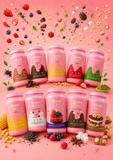 Shake Baby 630g meal replacement protein shake tubs in 10 flavours arranged on a pink studio background.