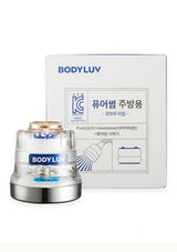BODYLUV Korean bubble bath powder dispenser bottle in front of its white retail box, featuring blue branding and Korean text on a clean white background.