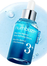 Blue Bio-Retinol Pore Refining Serum bottle with dropper on a light blue background