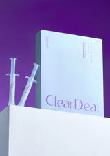 ClearDea product packaging with syringes on a purple background