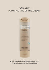 Vely Vely Nano N.D 1200 Lifting Cream bottle on a beige background