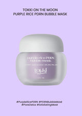 Tokki on the Moon Purple Rice PDRN Bubble Mask in a frosted glass jar with a white lid, centered on a light purple background with text above and below.