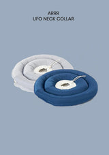 Two inflatable neck collars shown on a plain blue-gray background with text at the top reading 'ARRR UFO NECK COLLAR'. The front collar is dark blue with a white center opening, and the rear collar is light gray with a white center opening.