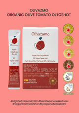 Olivazumo organic olive oil and tomato juice packaging on a pink background with product details and branding.