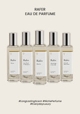 Five bottles of Rafer Eau de Parfum on a light beige background