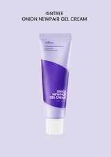 A tube of ISNTREE Onion Newpair Gel Cream with purple and white branding.