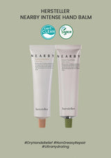 Two tubes of 'Nearby' intense hand balm on a light green background with branding and product details.