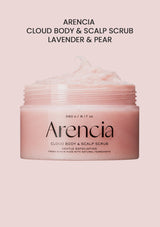 Arencia cloud body & scalp scrub jar with product name and description on a light pink background