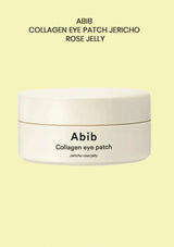 A white cosmetic jar labeled 'Abib Collagen eye patch jericho rose jelly' centered on a pale yellow background, with the same product name printed above.