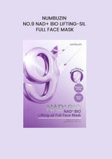 Packaging of NUMBUZIN No.9 NAD+ Bio Lifting-sil Full Face Mask with purple color theme and product information.