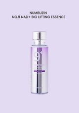 A bottle of NUMBUZIN No.9 NAD+ Bio Lifting Essence against a purple background.