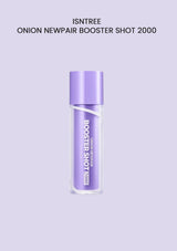 A bottle of ISNTREE Onion Newpair Booster Shot 2000 with a purple label on a white background.