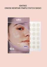 Packaging of ISNTREE Onion Newpair Pimple Patch Basic with a clear window showing the product, which is a box of hydrocolloid acne patches.