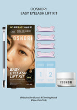 Cosnori Easy Eyelash Lift Kit with packaging, applicator, and cream on a light blue background