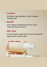 Skincare product with text about concerns, benefits, and skin types on a beige background